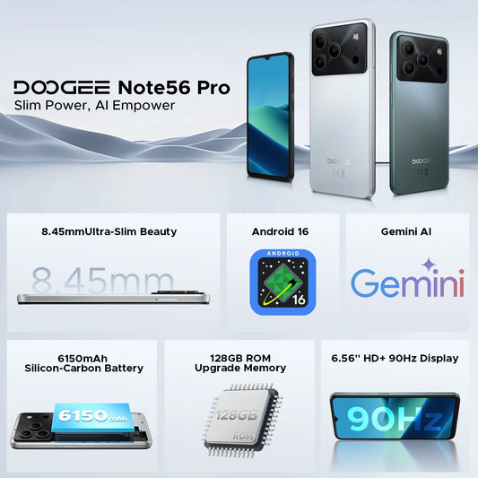 DOOGEE Note56 Pro Android 16 Gemini AI "battery 6150 mAh 32 Go RAM (4 + 28) 128 Go ROM Support Widevine L1