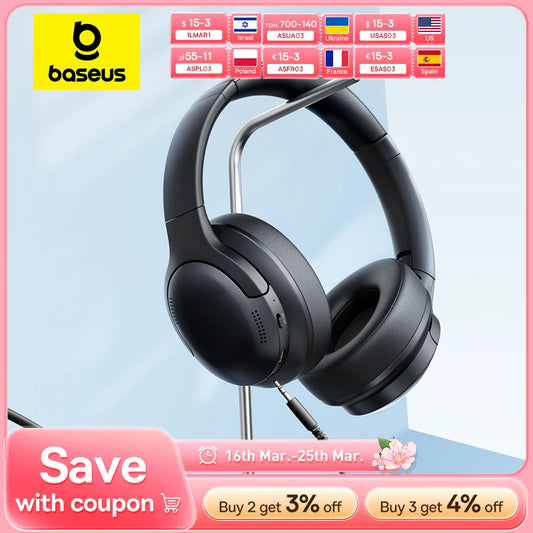 Baseus BH1 Lite Wireless Headphones Bluetooth 6.0 ENC Clear Call Headsets Super Bass Hit Earphones 80H Playtime Over Ear Headset