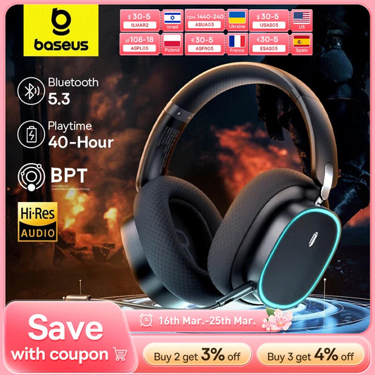 Baseus GH02 Gaming Wireless Headphone with Mic Over-Ear Headphones Bluetooth 5.3 40mm Driver 2.4G/Wireless/Cable RGB Headsets